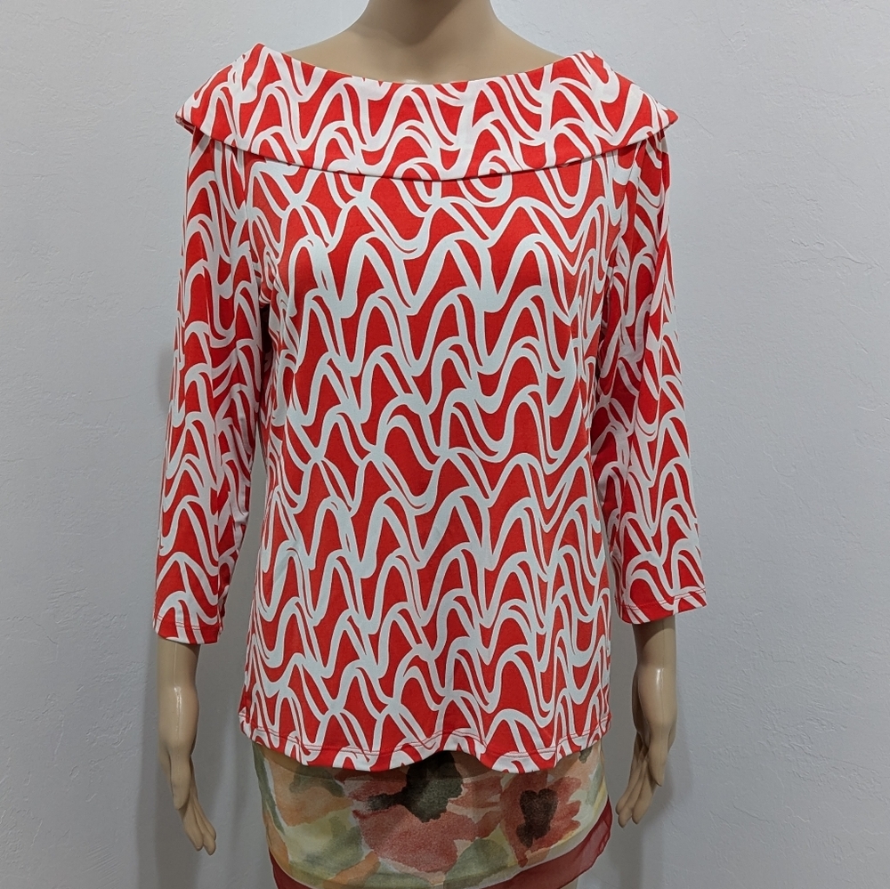 Rafaella Orange Cowl Neck Stretch Curves Print Top Size Large